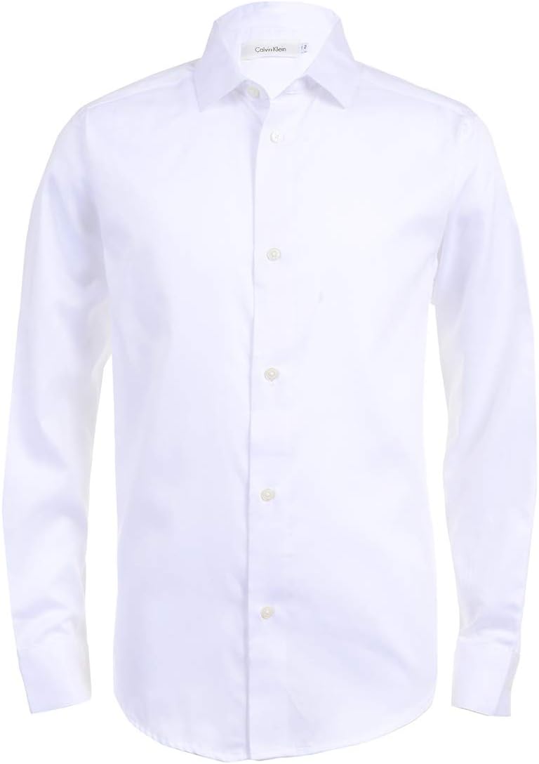 Calvin Klein Boys’ Long Sleeve Buttoned Cuffs & Shirttail Hem Sateen Dress Shirt