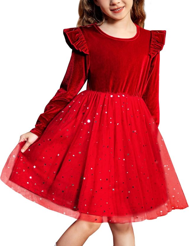 Arshiner Toddler Tutu Dresses Little Girls Velvet Tulle Fall Winter Long Sleeve Ruffle Holiday Party Dress 2-6Y