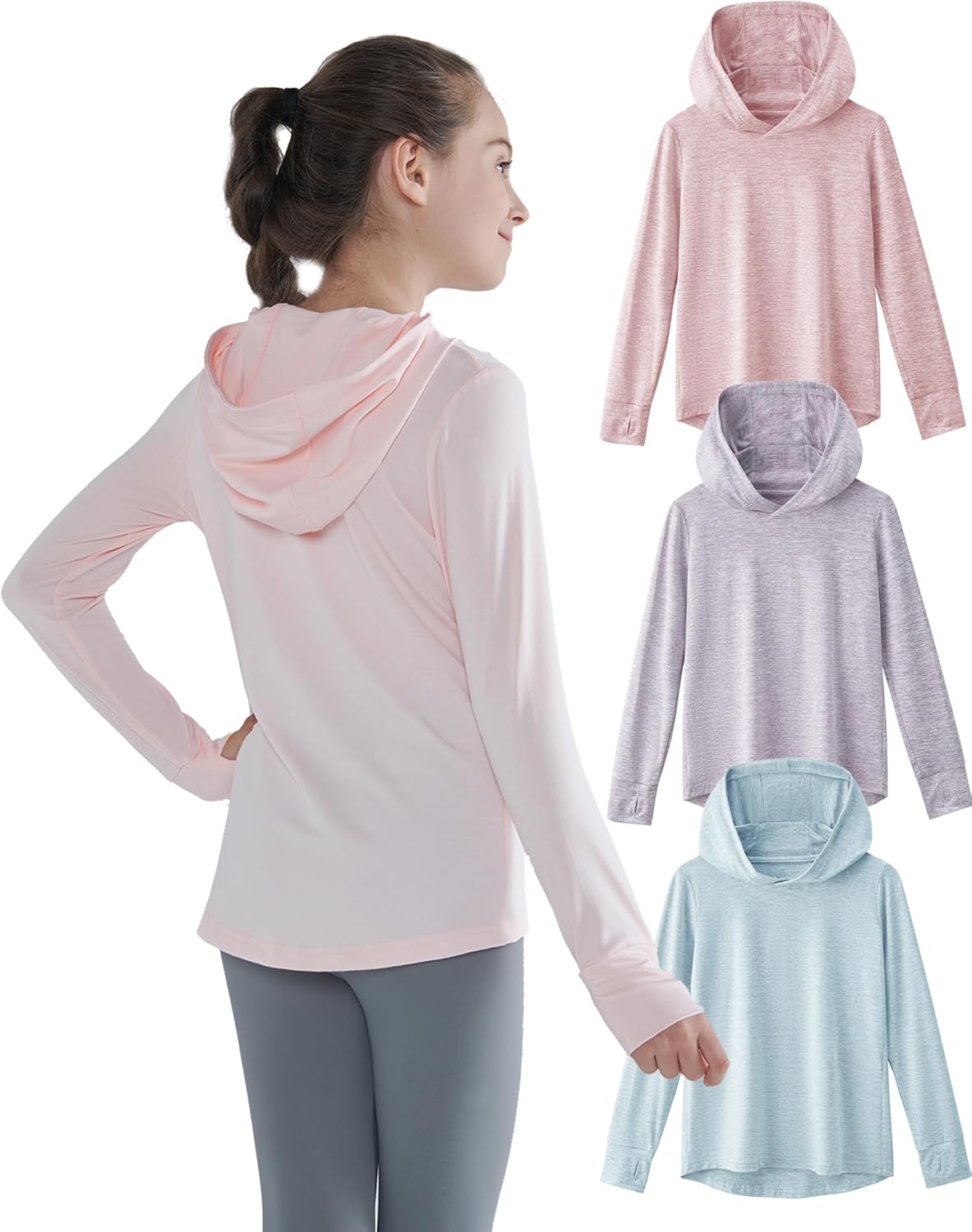 3 Pack Athletic Girls Long Sleeve Shirts with Thumb Holes, Workout Hoodies for Kids, Hooded Shirt Pullover Tops