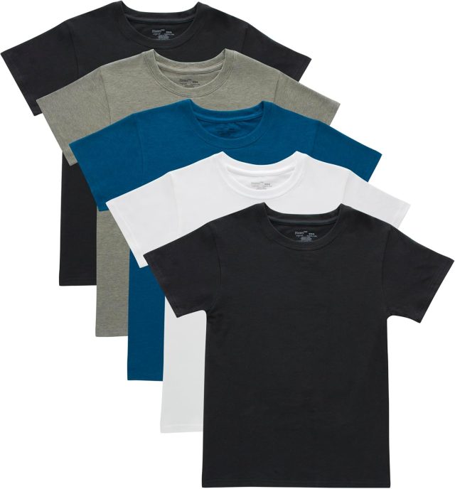 Hanes Boys’ Originals Crewneck Undershirts Pack, Stretch Cotton, Black & Assorted, 5-Pack