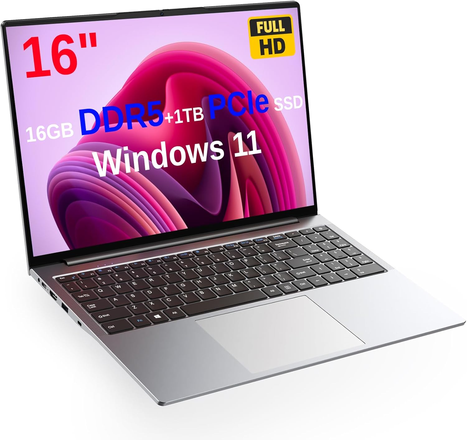 Laptop 16 inch Windows 11 Pro, Alder Lake 12th Gen N95, Up to 3.4GHz, 16GB DDR5 RAM, 1TB PCIe NVMe SSD, 16″ FHD IPS 1920×1200, 2.0MP, 2.4G+5G WiFi, BT 5.0, HDMI, RJ45, Type C, Gray