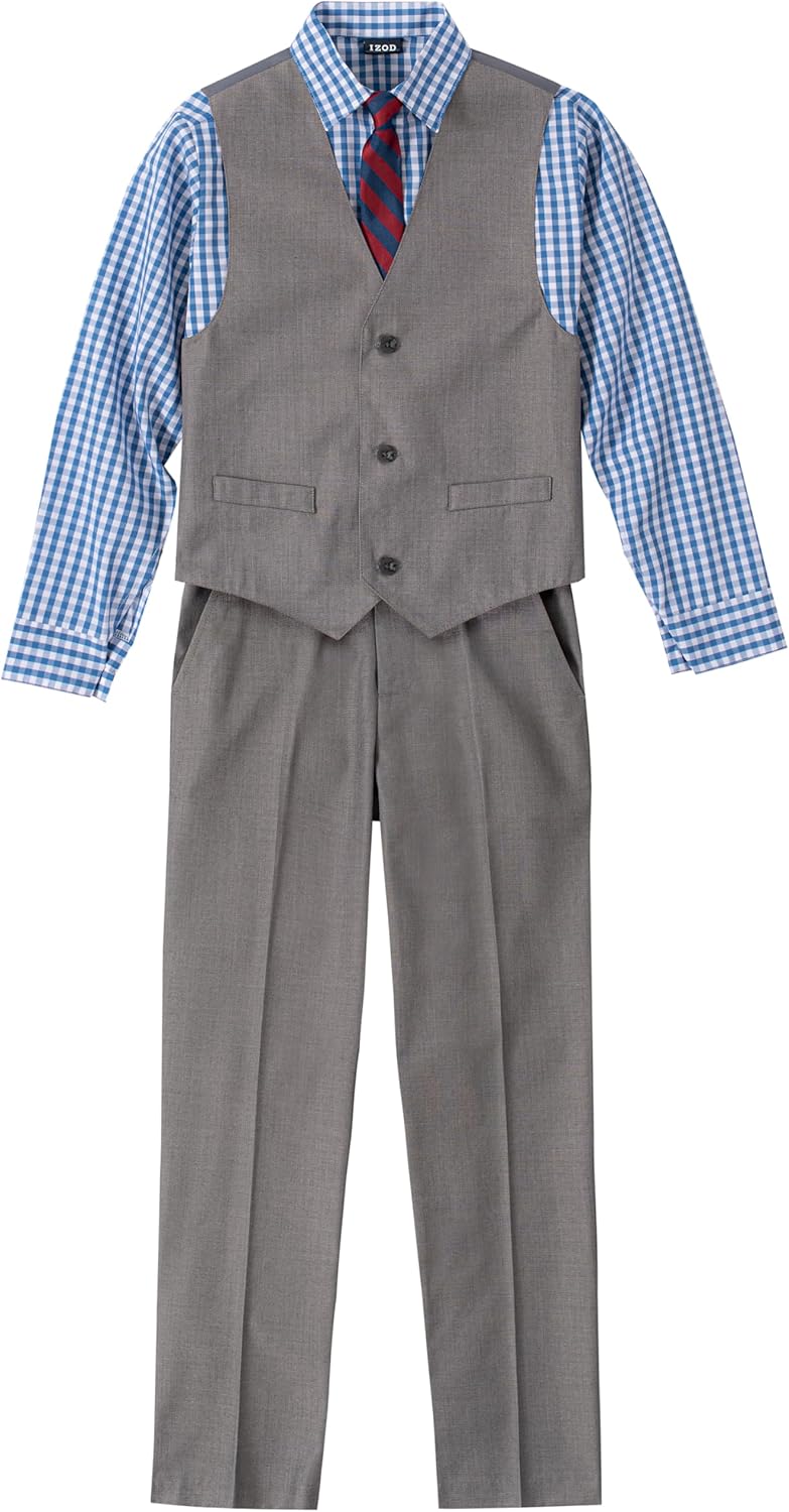 IZOD Boys’ 4-Piece Set with Collared Dress Shirt, Tie, Vest, and Pants