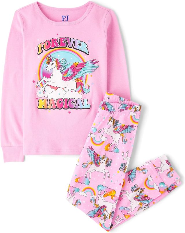 The Children’s Place Girls’ Single Long Sleeve Top and Pants Snug Fit 100% Cotton 2 Piece Pajama Sets
