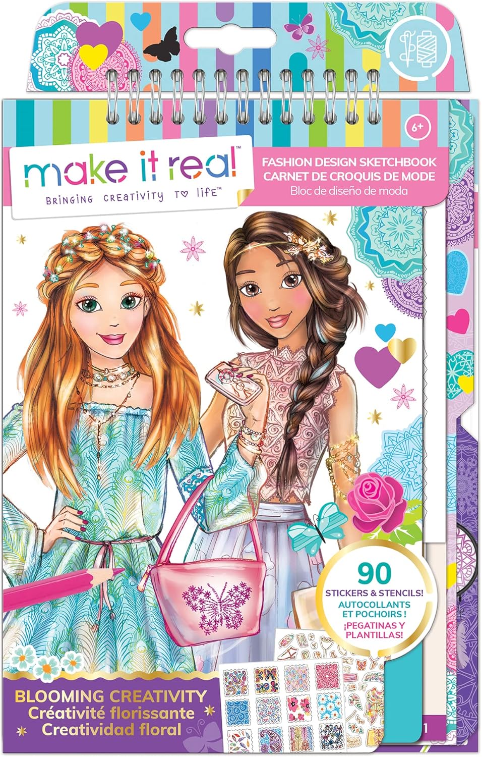 Make It Real Fashion Design Sketchbook Kit for Girls – Blooming Creativity Set with Stencils, Puffy Stickers, Design Guide – Unleash Fashion Talent, Develop Skills, for Kids Ages 6