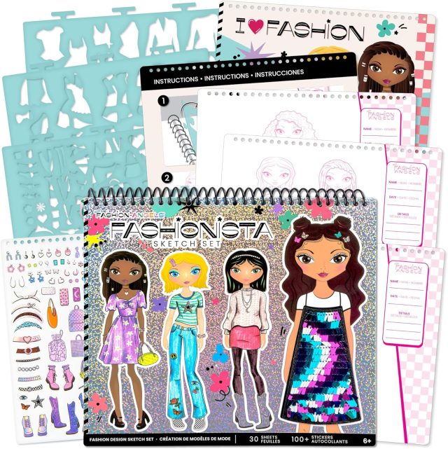 Fashion Angels Fashion Design Sketch Portfolio – Sketch Book for Beginners, Sketch Pad with Stencils and Stickers for Kids 6 and Up, Brown(Covers May Vary)