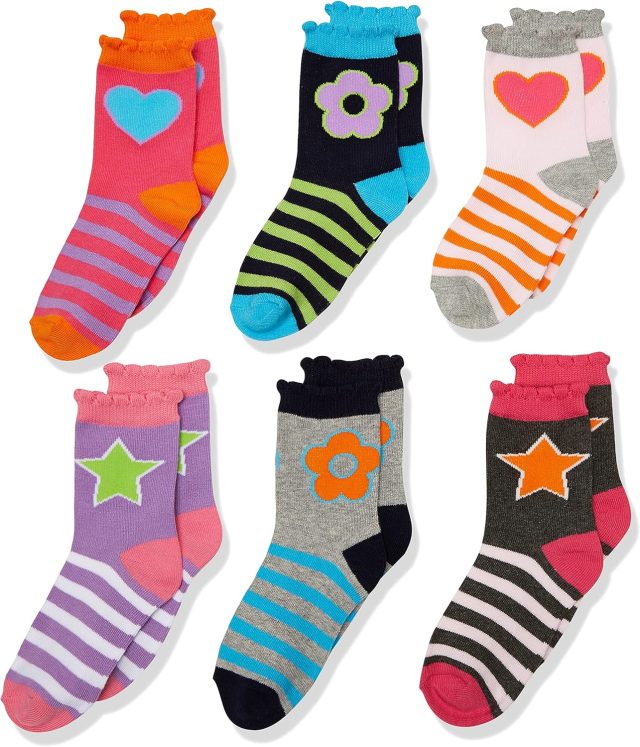 Jefferies Socks Girls’ Hearts/daisies/stripes Fashion Crew Socks 6 Pack